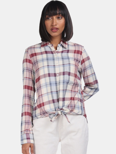 

Aeropostale Women Cream-Coloured & Maroon Regular Fit Checked Casual Shirt