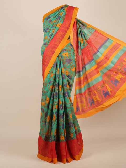 

Pothys Sea Green & Orange Jute Silk Printed Saree
