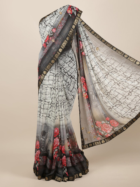 

Pothys Grey Printed Poly Chiffon Saree