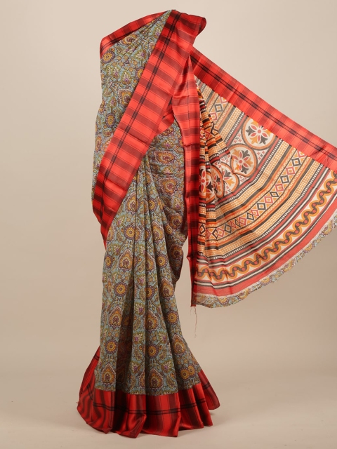 

Pothys Grey & Red Jute Silk Printed Saree