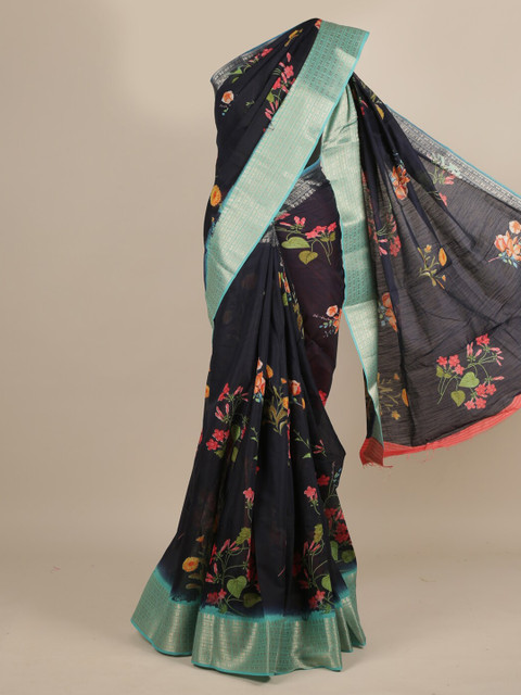 

Pothys Navy Blue Printed Jute Silk Saree