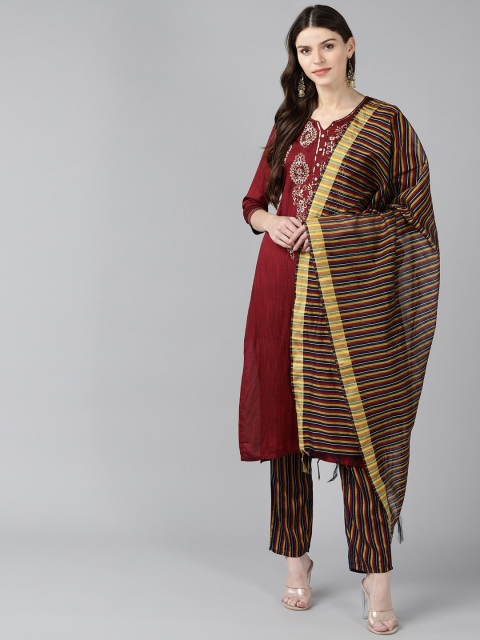 

Bani Women Maroon Embroidered Kurta with Trousers & Dupatta