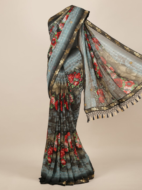 

Pothys Multicoloured Printed Poly Chiffon Saree With Tasseled Pallu, Multi