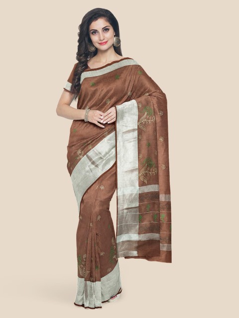 

Kalamandir Brown & Silver-Toned Cotton Blend Printed Saree