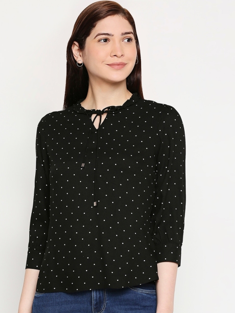 

Kraus Jeans Black & White Polka Dots Printed Tie-Up Neck Regular Top
