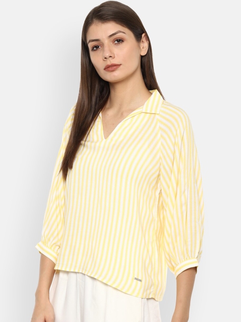 

Van Heusen Woman Yellow & White Striped Bishop Sleeves Regular Top