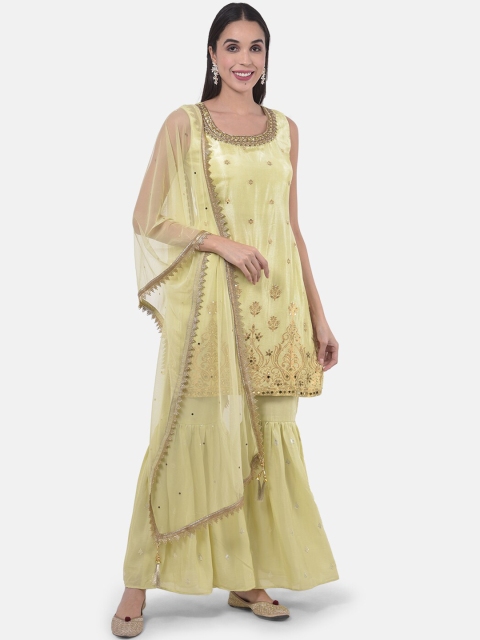

Neerus Women Olive Green Embroidered Kurta with Sharara & Dupatta