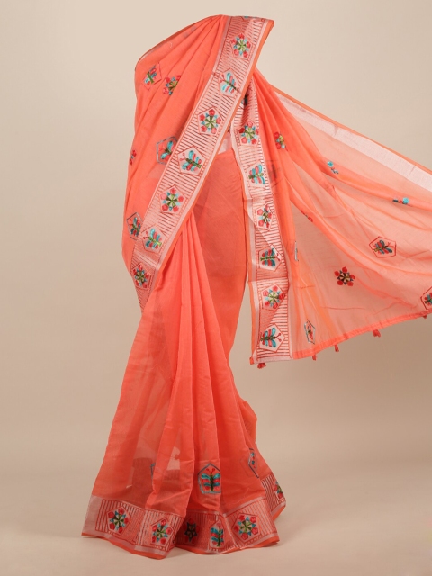 

Pothys Orange Embroidered Jute Silk Saree