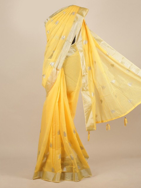 

Pothys Yellow Printed Jute Silk Saree With Tasseled Pallu