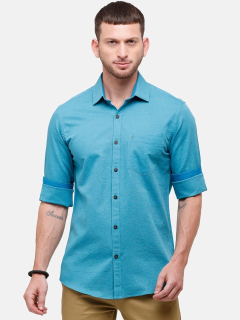 

CAVALLO by Linen Club Men Blue Cotton Linen Regular Fit Solid Casual Shirt