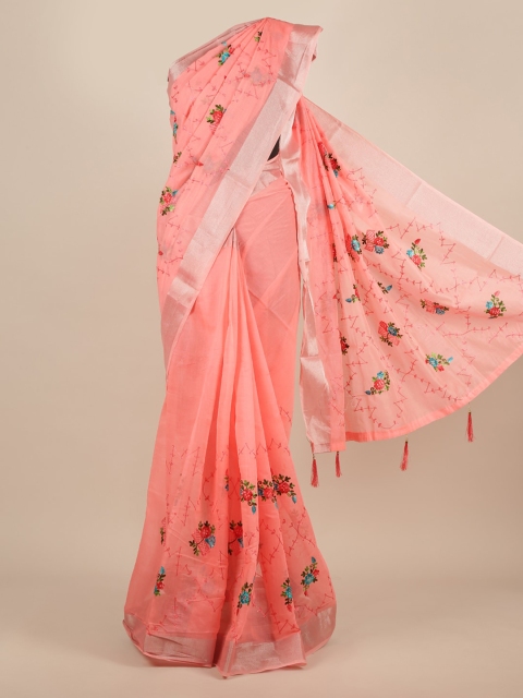 

Pothys Peach-Coloured Embroidered Jute Silk Saree