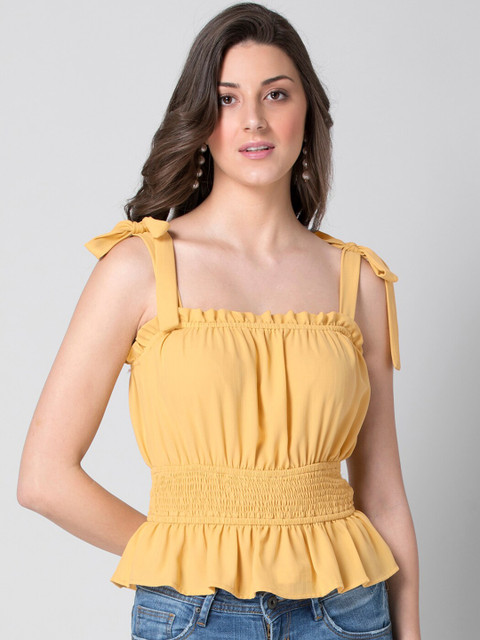 

FabAlley Yellow Georgette Cinched Waist Crop Top