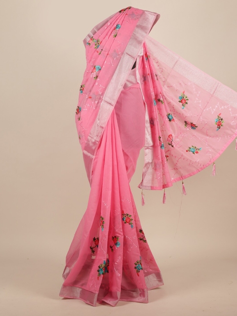 

Pothys Pink & Silver-Toned Jute Silk Embroidered Saree