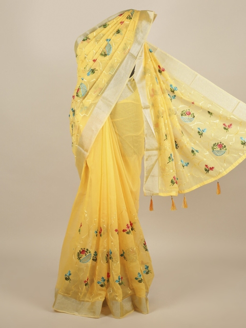 

Pothys Yellow & Silver-Toned Jute Silk Embroidered Saree