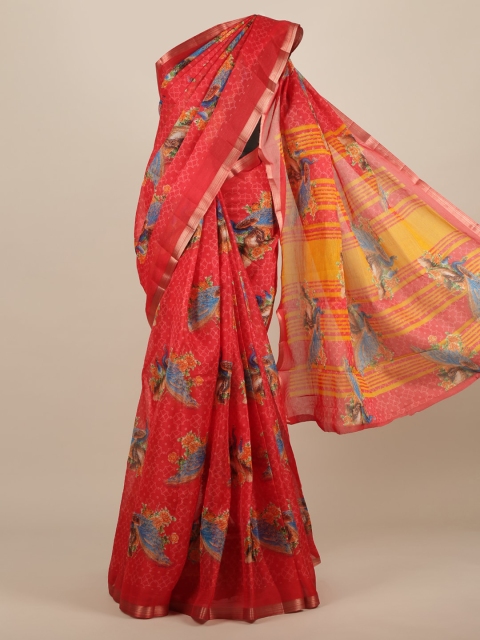 Pothys Red Printed Jute Silk Saree