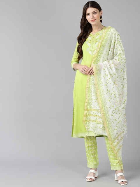 

Bani Women Lime Green & Off-White Yoke Design Kurta with Trousers & Dupatta