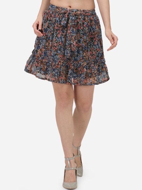 

Fbella Women Women Black & Blue Floral Printed Mini Flared Skirt