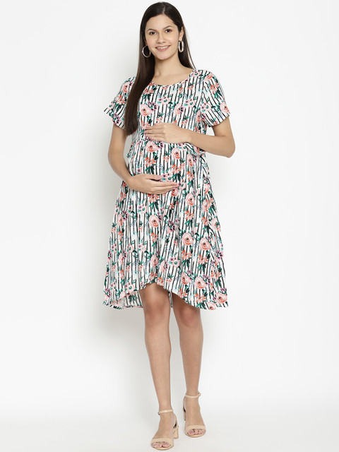 

The Vanca Women White & Black Floral Print A-Line Maternity Dress