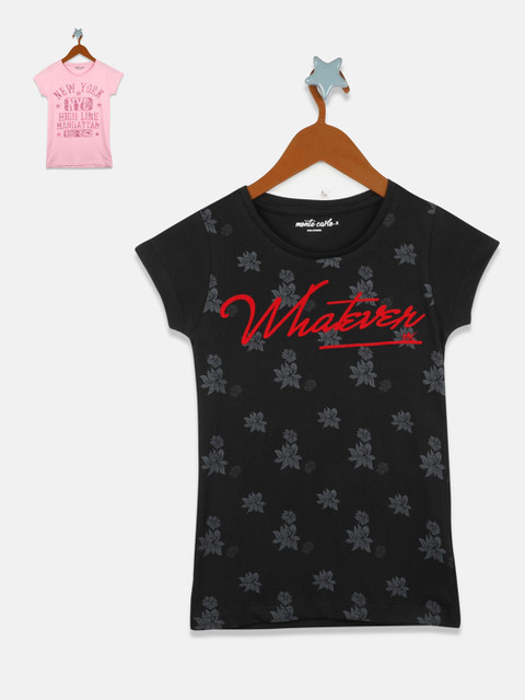 

Monte Carlo Pack of 2 Girls Black & Pink Printed Round Neck T-shirt
