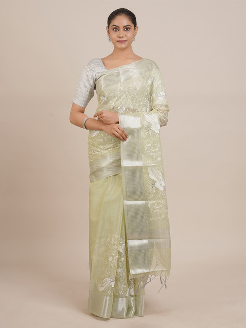 

Pothys Olive Green & White Tissue Embroidered Saree