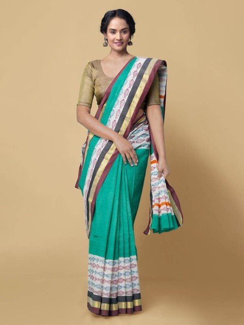 

Unnati Silks Green Pure Cotton Solid Kasavu Saree