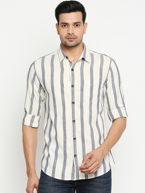 

Mufti Men Off-White & Navy Blue Slim Fit Striped Casual Shirt