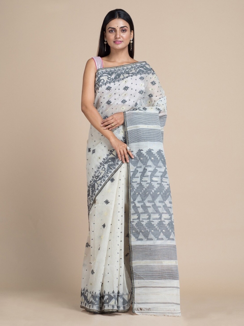 

Mitera White & Grey Silk Cotton Printed Jamdani Saree