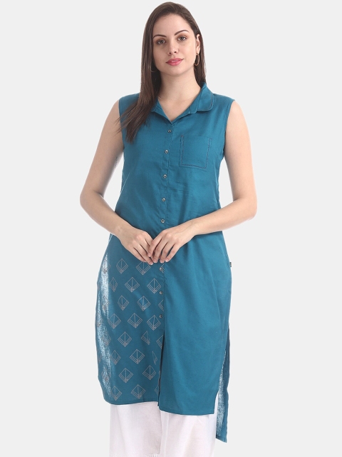 

Karigari Women Teal Blue & Grey Geometric Printed Kurta