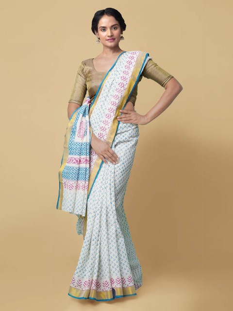 

Unnati Silks Cream-Coloured & Blue Pure Cotton Printed Kasavu Saree
