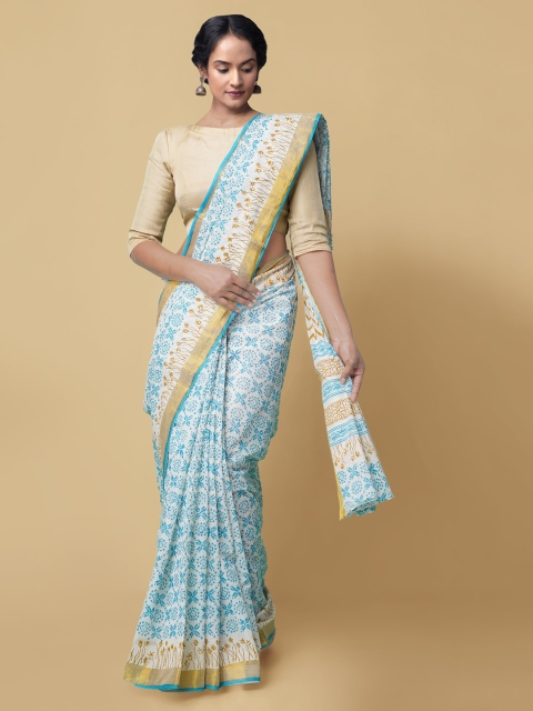 

Unnati Silks Cream-Coloured & Blue Pure Cotton Printed Kasavu Saree