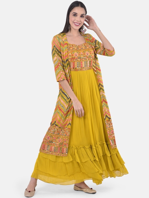 

Neerus Women Mustard Yellow & Pink Embroidered Maxi Dress With A Jacket