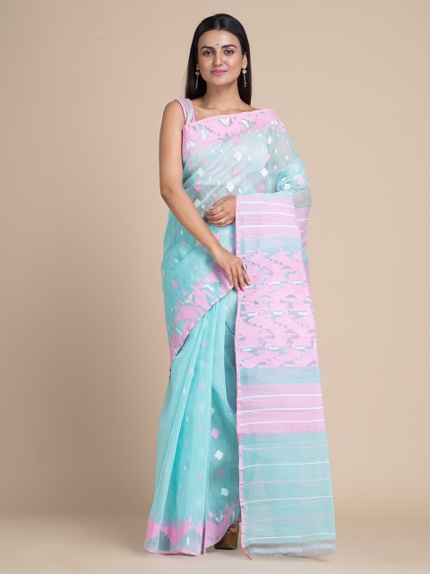 

Mitera Blue & Pink Silk Cotton Printed Jamdani Saree