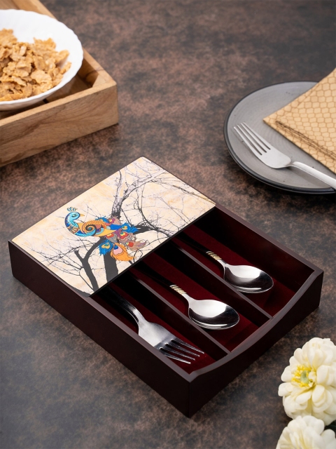 

KOLOROBIA Brown & Beige Charismatic Peacock Printed Cutlery Holder