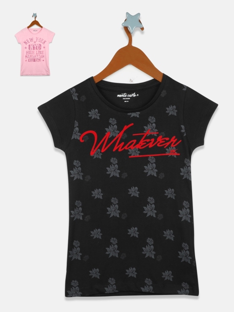 

Monte Carlo Pack Of 2 Black & Pink Floral Printed Regular Tops