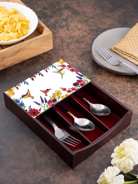 

KOLOROBIA Brown & White Humming Bird Printed Wood Cutlery Holder