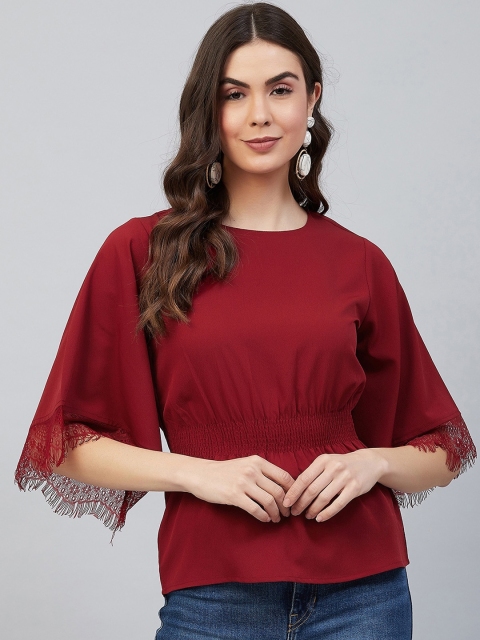 

Carlton London Maroon Flared Sleeves Crepe Cinched Waist Top