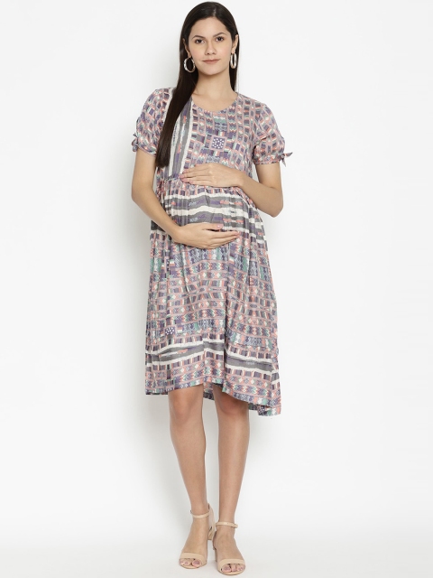 

The Vanca Women Purple & Peach-Coloured Printed A-Line Maternity Dress