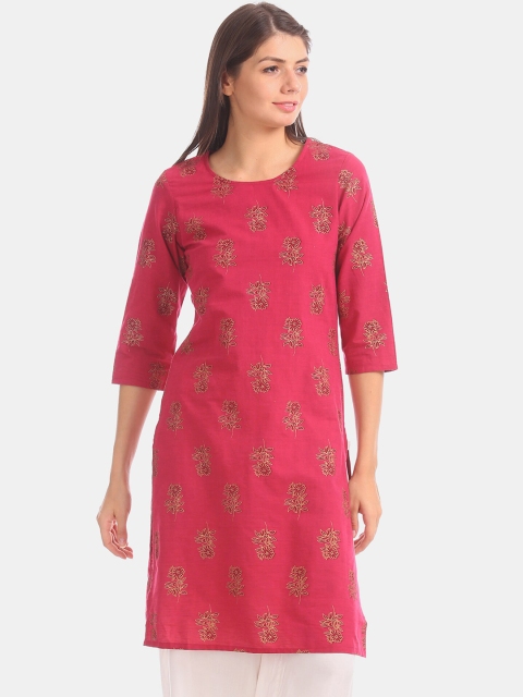 

Karigari Women Pink & Golden Floral Printed Cotton Kurta