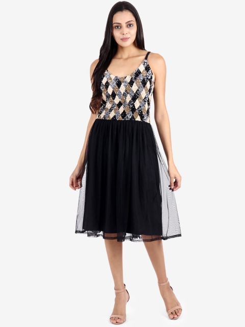 

Diwaah Women Black & Beige Sequinned A-Line Dress