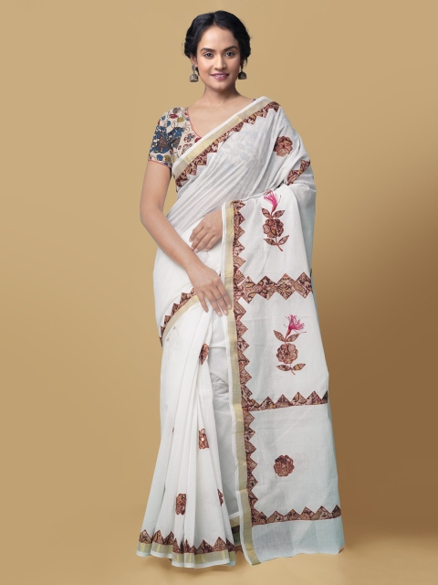 

Unnati Silks Cream-Coloured Pure Cotton Printed Kasavu Saree