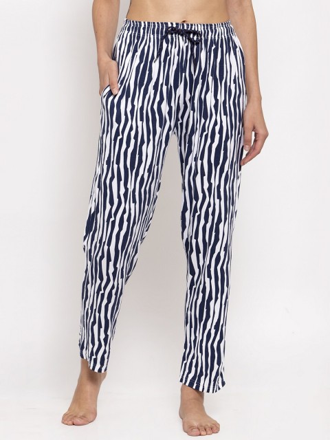 

TAG 7 Women White & Navy Blue Striped Lounge Pants