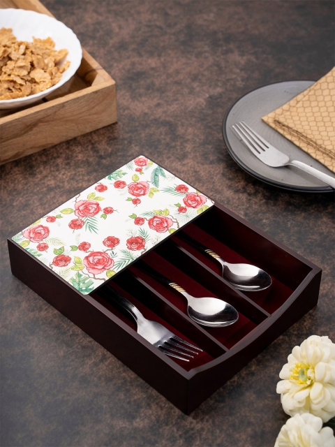 

KOLOROBIA Brown & White Misty Morning Roses Printed Cutlery Holder