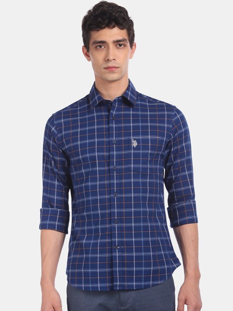

U.S. Polo Assn. Men Navy Blue & White Regular Fit Checked Casual Shirt