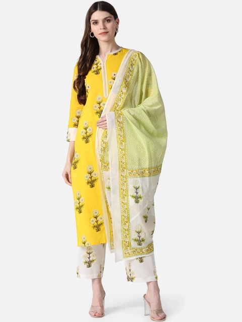 

AHIKA Women Yellow Embroidered Kurti with Trousers & Dupatta