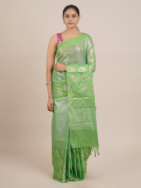 

Pothys Green Solid Tissue Saree With Tasseled Pallu