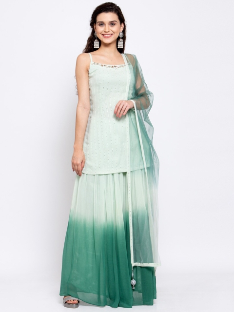 

KHALOM Women Green & White Striped Kurti with Sharara & Dupatta