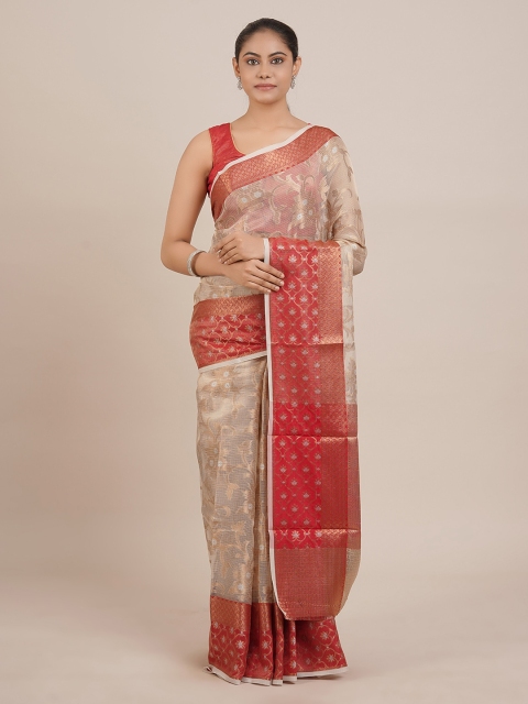 

Pothys Cream-Coloured & Red Tissue Woven Design Saree