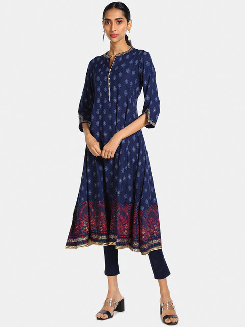 

Anahi Women Navy Blue & Red Ethnic Motifs Printed Anarkali Kurta