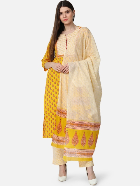 

AHIKA Women Yellow & Pink Printed Kurta with Trousers & Dupatta