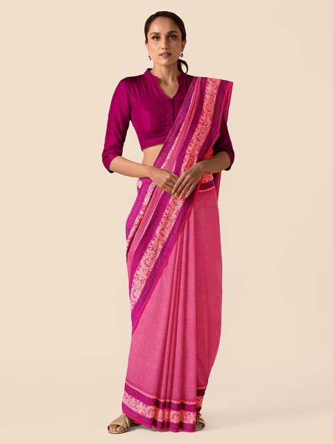 

Taneira Pink Pure Cotton Solid Taant Saree